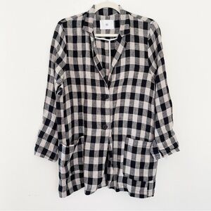 ID Women’s 100% Linen Blazer Shacket Plaid Gingham Single Button Parisian Collar